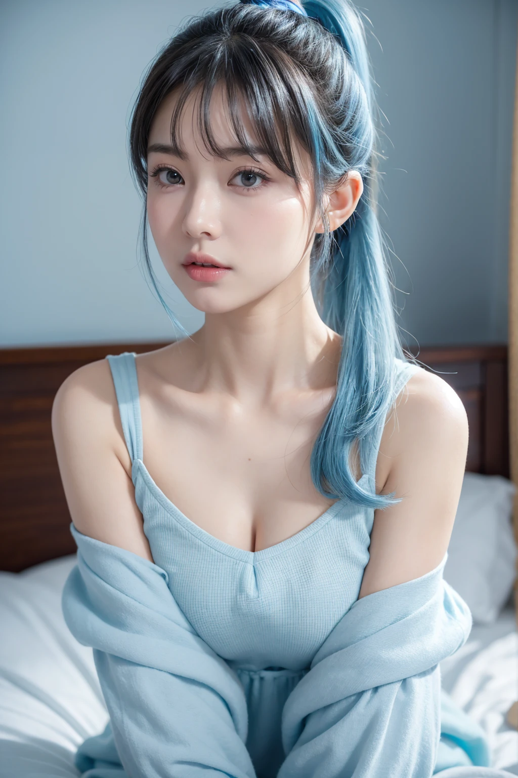 Baby Face valley beauty halfface Big Breasts The bangs are aligned in a straight line Mature person sit straight in bed Colorful Bubbles,(The Shining), Focus on the face, ponytail, kamisato ayaka, Light blue hair,