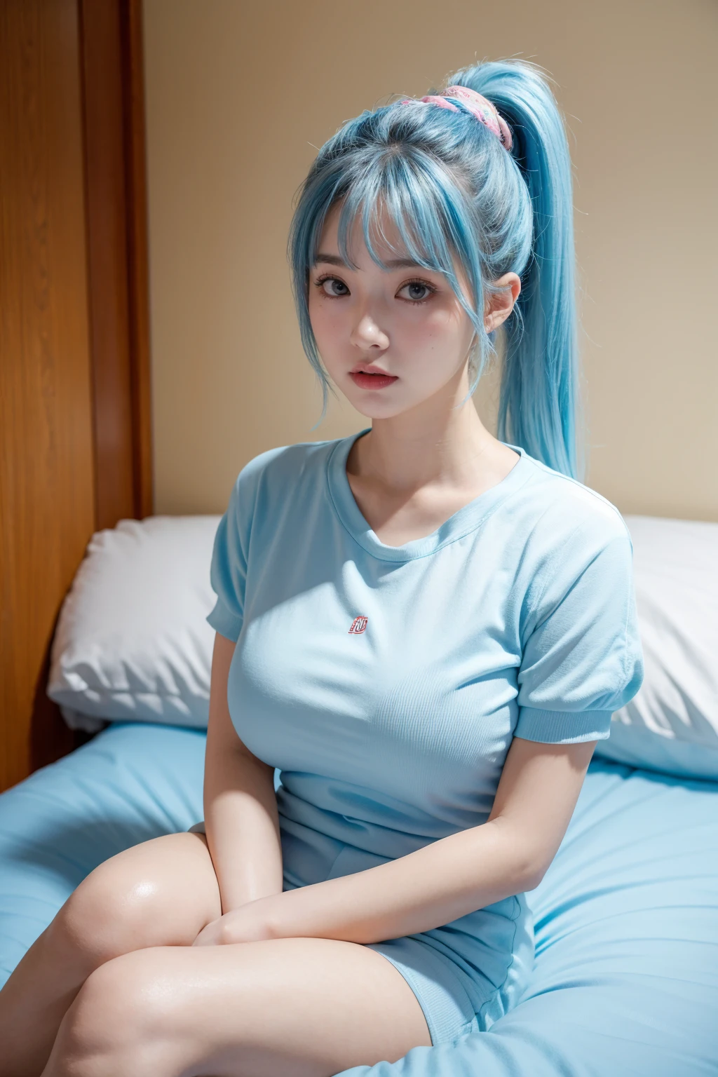 Baby Face valley beauty halfface Big Breasts The bangs are aligned in a straight line Mature person sit straight in bed Colorful Bubbles,(The Shining), Focus on the face, ponytail, kamisato ayaka, Light blue hair,