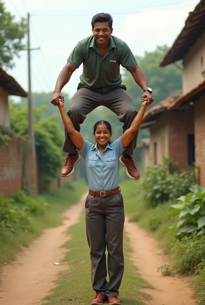 Beautiful Indian teenage school girl in uniform lifting a large chubby man high above her head with her strong arms. Photorealistic. Wide angle. Farmhouse in the background, natural smile , modern city girl