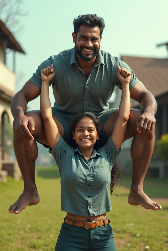 Beautiful Indian  school girl in uniform lifting a large chubby man high above her head with her strong arms. Photorealistic. Wide angle. Farmhouse in the background, natural smile , modern city girl 