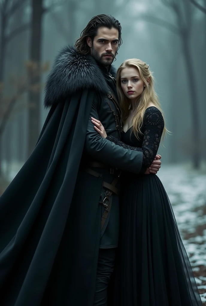 Homem stark estilo Crepúsculo, 3, stark, tall muscular, wearing a black cape, a Jhon snow style outfit, holding the arms of an 18 year old girl, blonde, piercing look, dressed in a black dress Vintage style 