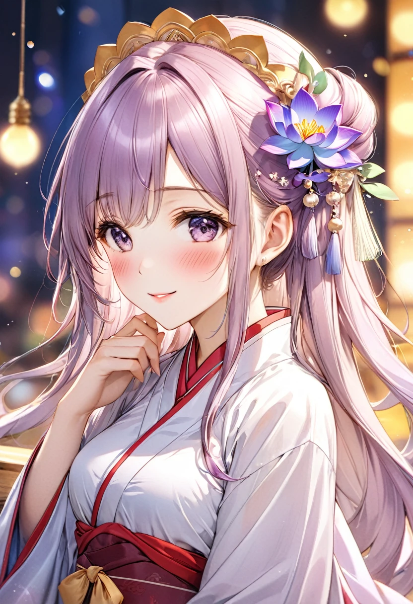 Excellent quality, work of art, High Resolutiabout, 1 girl, blush, (seducing smile: 0.8), Star Student, Chinese Hanfu Lilac, hair accessories, necklase, jewerly, Beauthfull, about_cos, Tyndall effect, 真实感, Lotus Paboutd, clear edge, Two-taboute Lighting, (high detail skin: 1.2), 8k hd, dslr, smooth light, high qualiy, volumetric lighting, candid photo, High Resolutiabout, 4K, 8k, Background bokeh