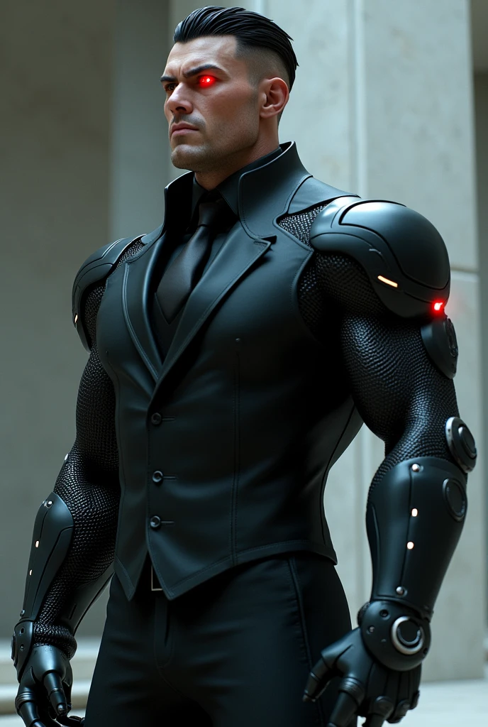 - Homme de grande taille, corpulence musclée
- Moitié droite du corps couverte d'implants cybernétiques lisses, métalliques, couleur gris anthracite
- Implants avec joints fins et lignes nettes, aspect technologique avancé
- Plaque métallique couvrant le côté droit du visage, texture lisse, finition noire mate
- Œil gauche rouge vif, lumineux, avec un éclat intense, légèrement irrégulier
- Peau restante pâle, teinte cireuse, légèrement translucide
- Cheveux courts, noir profond, coiffés en arrière
- Expression faciale déterminée, sourcils froncés, lèvres légèrement pincées
- Costume sombre, noir ou gris foncé, coupe ajustée, en tissu raffiné
- Détails technologiques sur le costume : motifs argentés intégrés, petites lumières discrètes sur les épaules et les poignets
- Ambiance futuriste, austère, impressionnant et autoritaire
Cyberpunk 