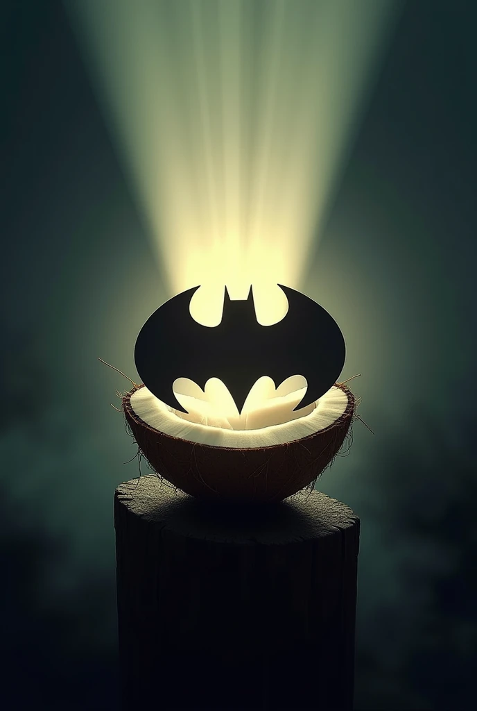 I want a picture, Let it be like the bat signal, but instead of the batman logo, have a coconut split in half .
I want the coconut to be in the light of the bat signal. Let the ray of light be seen and in the end, the silhouette of a coconut