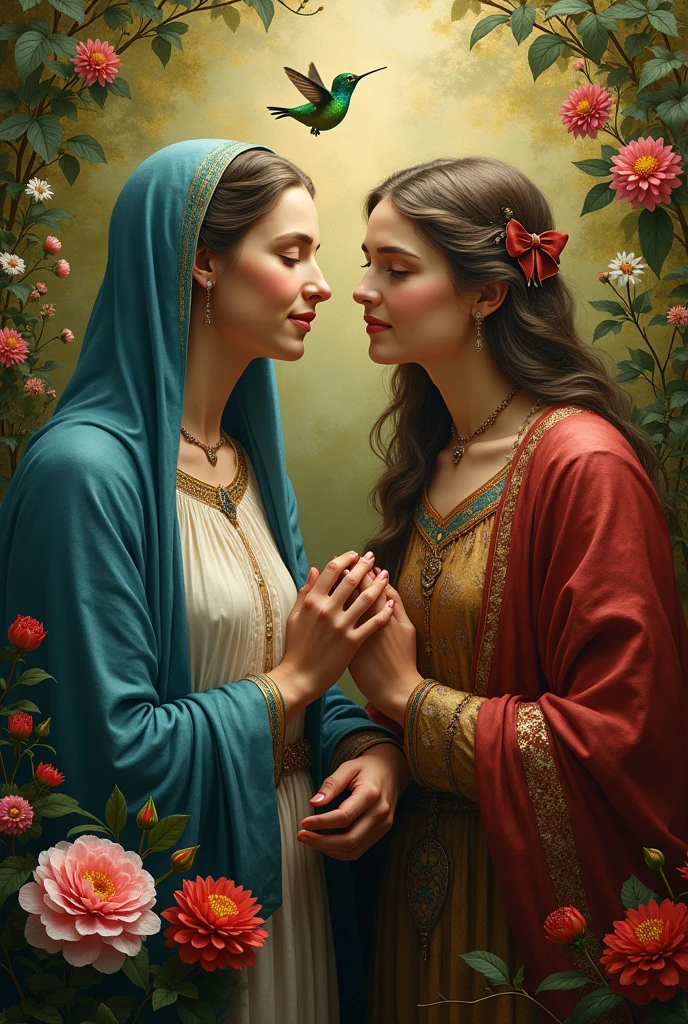 ((best quality)), ((masterpiece)), (detailed), virgin mary with jewish woman with a hummingbird in a flower