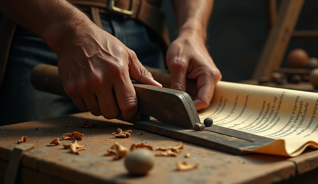 Create a hyper-realistic and mysterious image of calloused hands holding an ancient carpentry tool, with wood chips falling onto a worn work table. Beside the hands, a small rolled parchment, partially open, reveals the quote from Proverbs 14:23. The background should be softly blurred, with a golden light that illuminates the hands and the tool, creating an atmosphere of dedication and effort. The scene should highlight the importance of hard work, suggesting that it is through work that true prosperity is achieved.