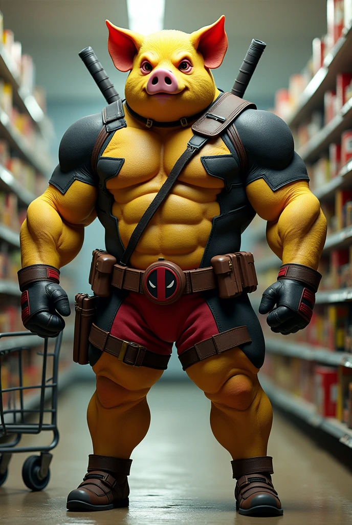 Yellow muscular humanoid pig dressed in full Deadpool costume without mask looking intimidating and a shopping cart in the background