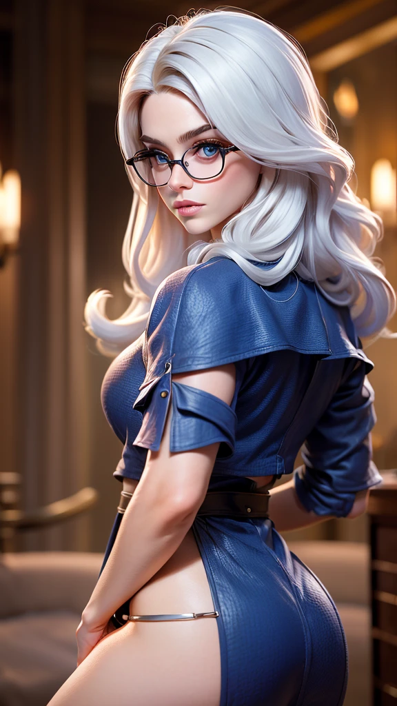 create a realistic image of a white Brazilian woman with long curly platinum hair down to her back, thick eyebrows filled in and platinum too, with a beautiful and attractive, seductive, well-defined face that wears glasses with transparent frames, has seductive and striking grayish-blue eyes, fleshy lips, who is wearing the clothes/uniforme da sonserina em um lugar da escola de Howgarts de Harry Potter ao lado do Mattheo Riddle