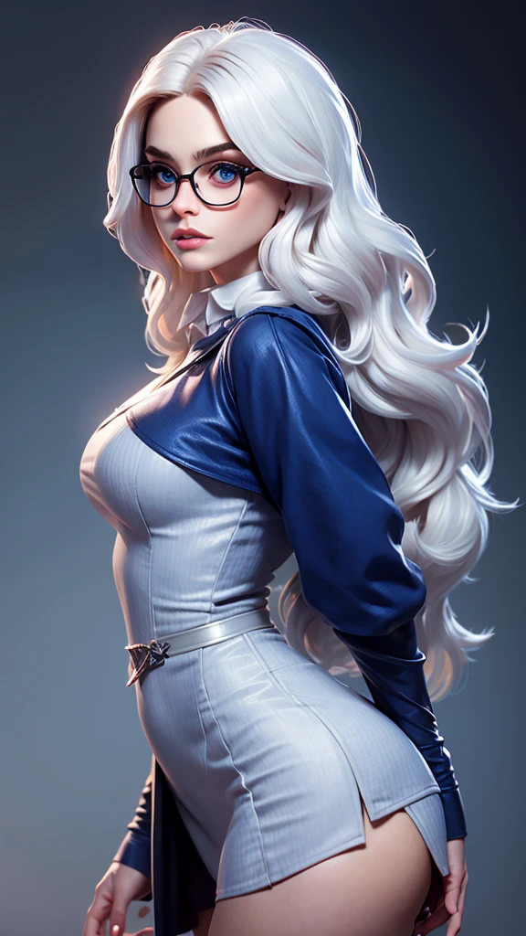 create a realistic image of a white Brazilian woman with long curly platinum hair down to her back, thick eyebrows filled in and platinum too, with a beautiful and attractive, seductive, well-defined face that wears glasses with transparent frames, has seductive and striking grayish-blue eyes, fleshy lips, who is wearing the clothes/uniforme da sonserina em um lugar da escola de Howgarts de Harry Potter ao lado do Mattheo Riddle 