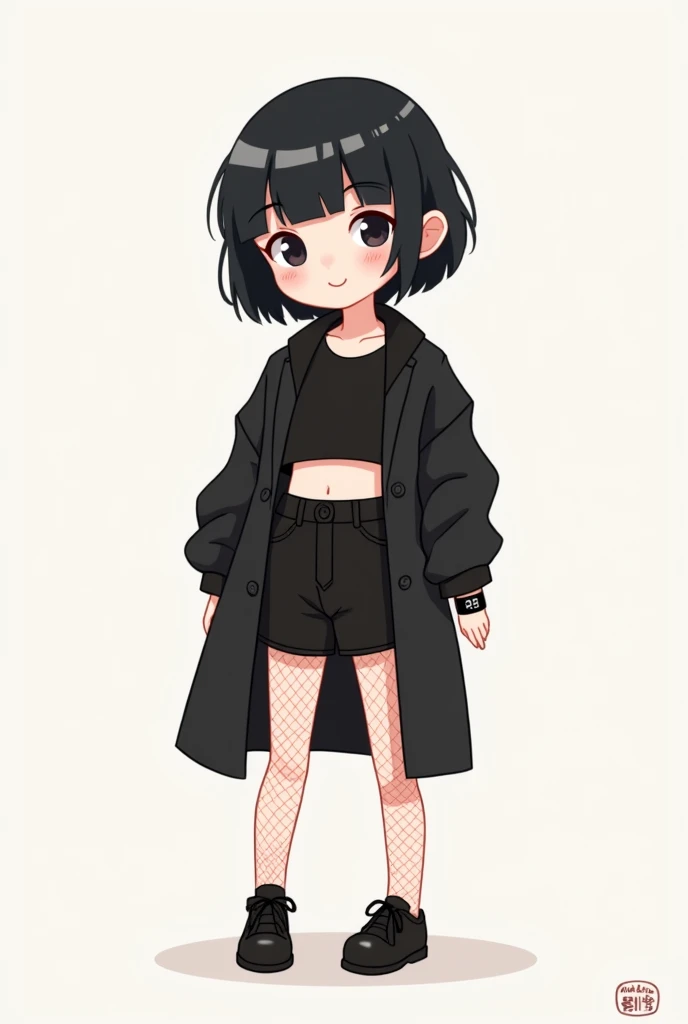 make a cute and minimalist cartoon illustration, of one with short black hair, short bangs, ela usa cropped preto, black apple watch on the arm, wears black coat, wears black shorts and fishnet stockings, make it cute