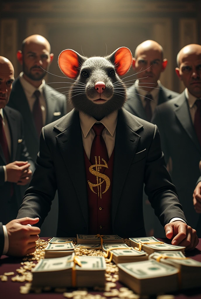 A rat with a mafia logo, more mafia with bills