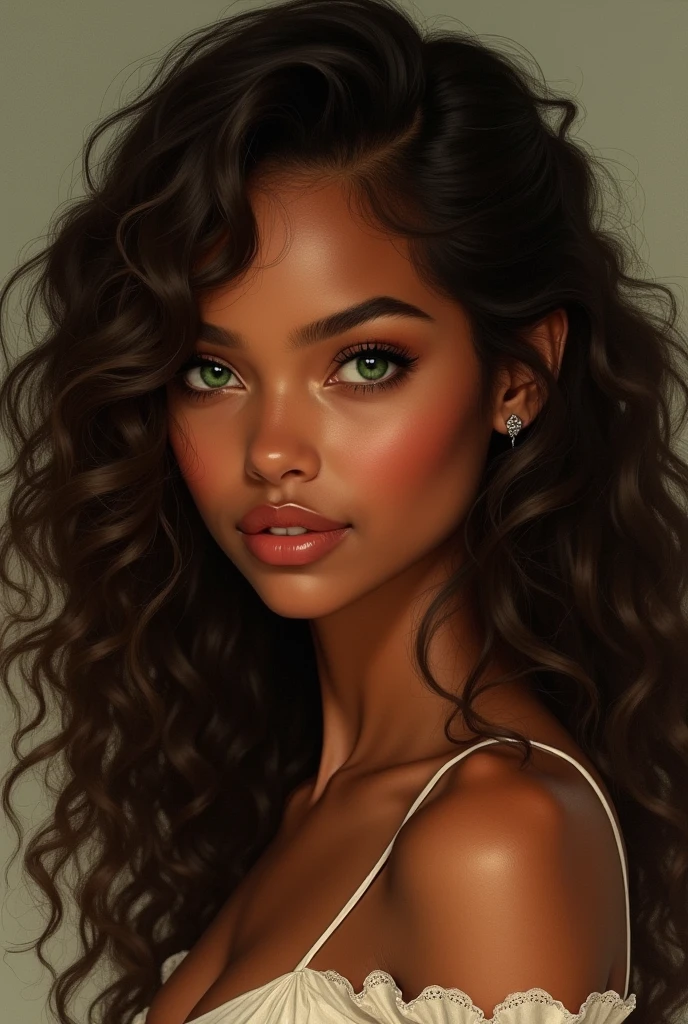a black brown skin girl with really long brown curly hair, with long wispy eyelashes, green almond eyes, full cupid lips, arched eyebrows, button nose, slim thick, hour glasses,