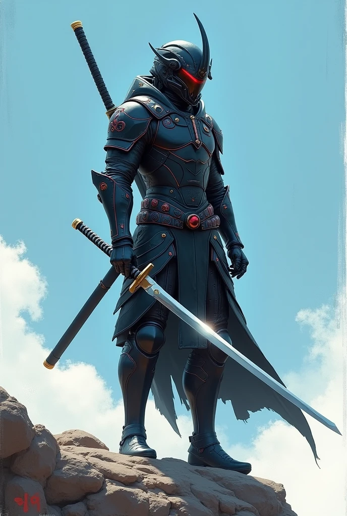 Digital artwork depicting a lone futuristic cyberpunk samurai standing on a rocky outcrop against a clear blue sky. The figure is clad in a dark, armored suit with intricate details and a helmet that obscures the face. The armor has a mix of matte and glossy finishes, with hints of red and metallic accents. The samurai holds a traditional katana in both hands, the blade gleaming in the light. The overall composition is dynamic, with the character's stance exuding strength and readiness. The background features a mix of sharp and soft brush strokes, adding depth and texture to the scene.UHD, masterpiece, anatomically correct, super detail, best quality, textured skin, award winning, 4K