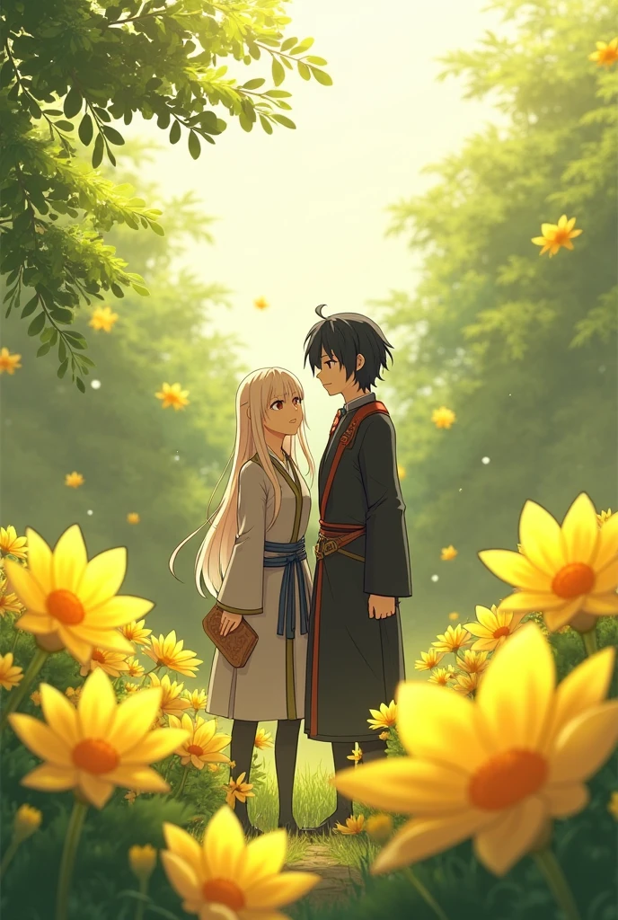 Tomioka Giyuu and Obanai Iguro together happily in a garden with yellow flowers 