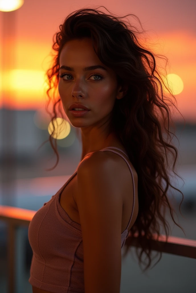 (photorealism: 1.2), hot sexy black girl in sexy dynamic pose. raw portrait photography, hyper realistic and detailed face, complex and realistic skin texture, hot body, athletic body, brazilian, blue eyes, at the airport with a sunset