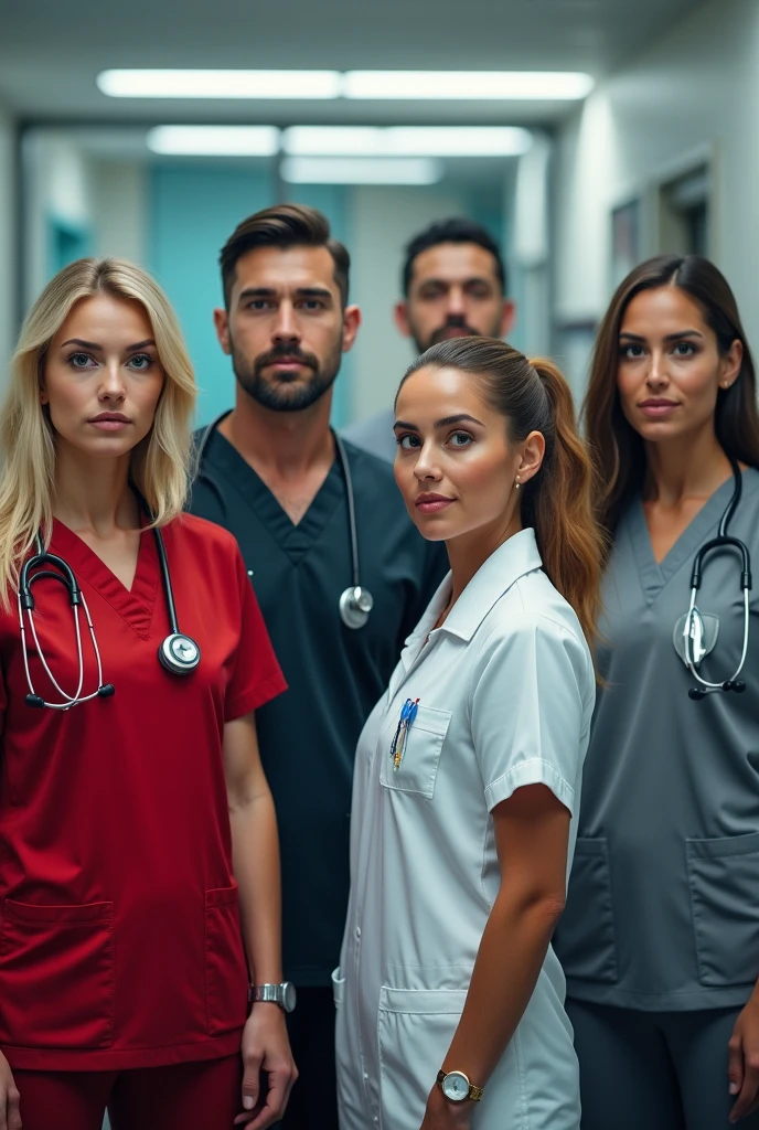 4 men and 4 women from the health area, a man in a red uniform, another with black, blue, and green. The girls 1 in grey, and 3 white nurses