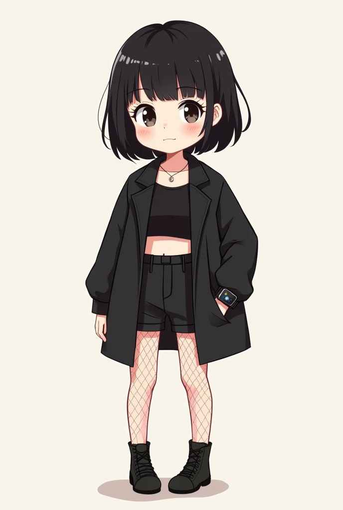 make a cute and minimalist cartoon illustration, of one with short black hair, short bangs, ela usa cropped preto, black apple watch on the arm, wears black coat, wears black shorts and fishnet stockings, make it cute