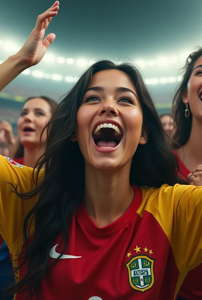 brunette woman with black hair and green eyes at the football stadium cheering for Corinthians