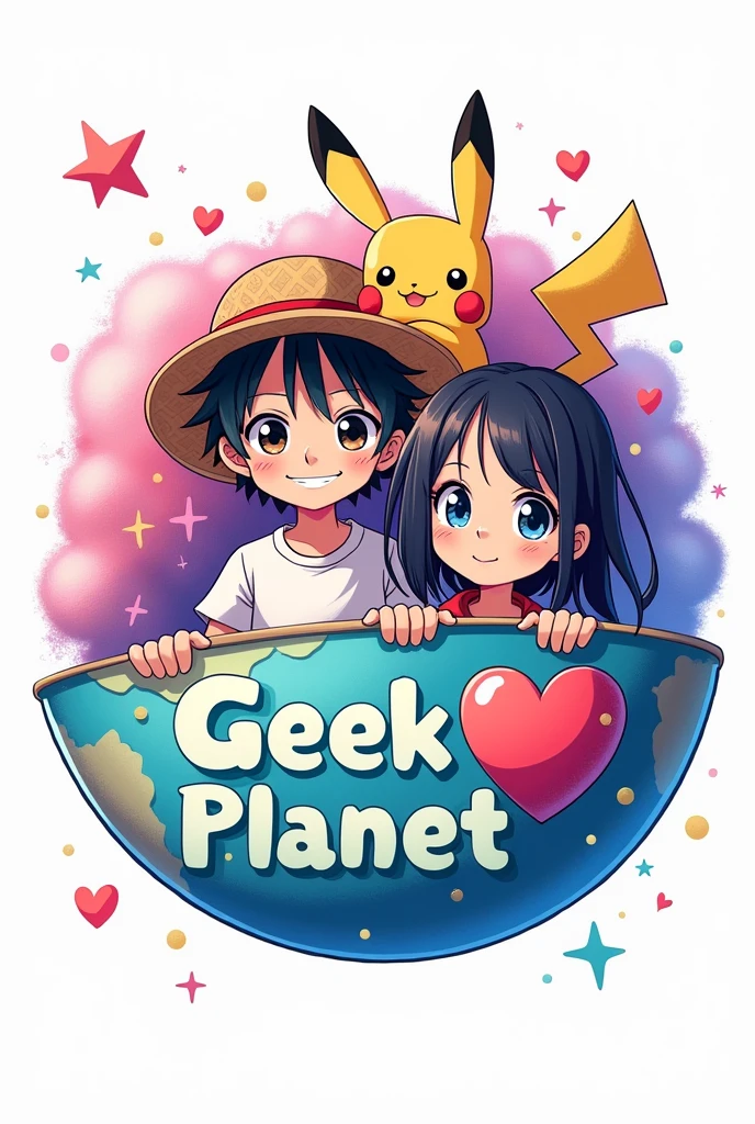 logo con un 🌎 en la parte de hasta atrás combinado con el símbolo de estrella corazón y la luna creciente en color rosa con morado en la parte superior izquierda, two anime figures a boy with wavy hair and a girl with straight black hair, T-shirt and Pikachu ears and with Luffy&#39;s hat from One Piece and with the name Geek Planet in the middle (with vivid colors the whole image) with white background