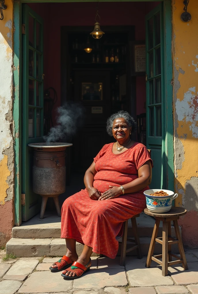 Recreates a fat black woman without a waist, still young, barely 40 years old, sitting next to the door of an Italian shop on a stool and a rustic stove. And that the atmosphere is recreated in old Guayaquil