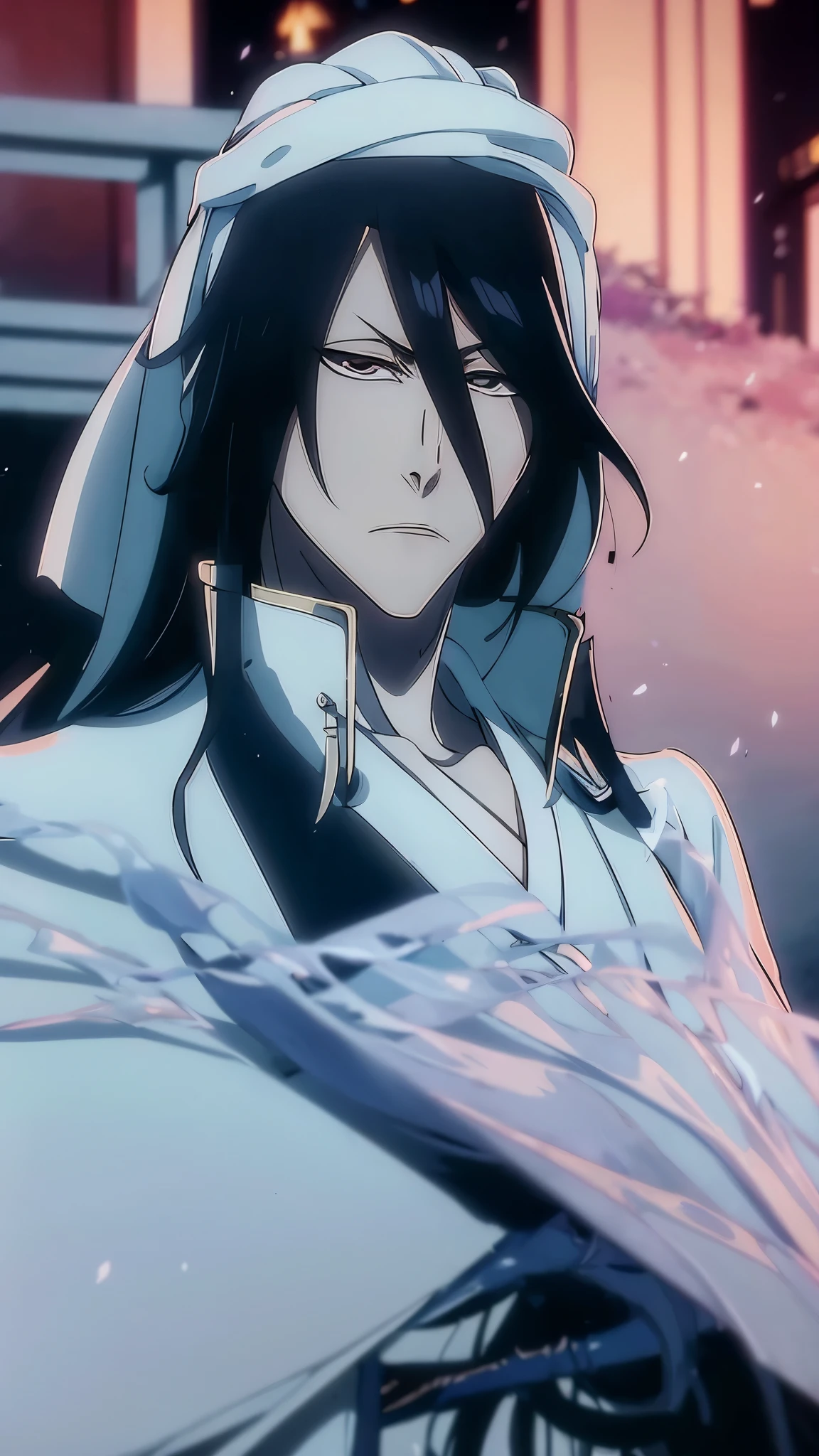 Byakuya Kuchiki from Bleach, handsome, male, black hair, medium-long hair, veil on head(kufiya), black clothes, pale skin, ((best quality)), ((master part)), ((detailed)), 16k, HDR, RTX, (masterpiece, aesthetic: 1.3), (1 man), perfect hands, (dynamic pose:1.2), close-up, portrait.