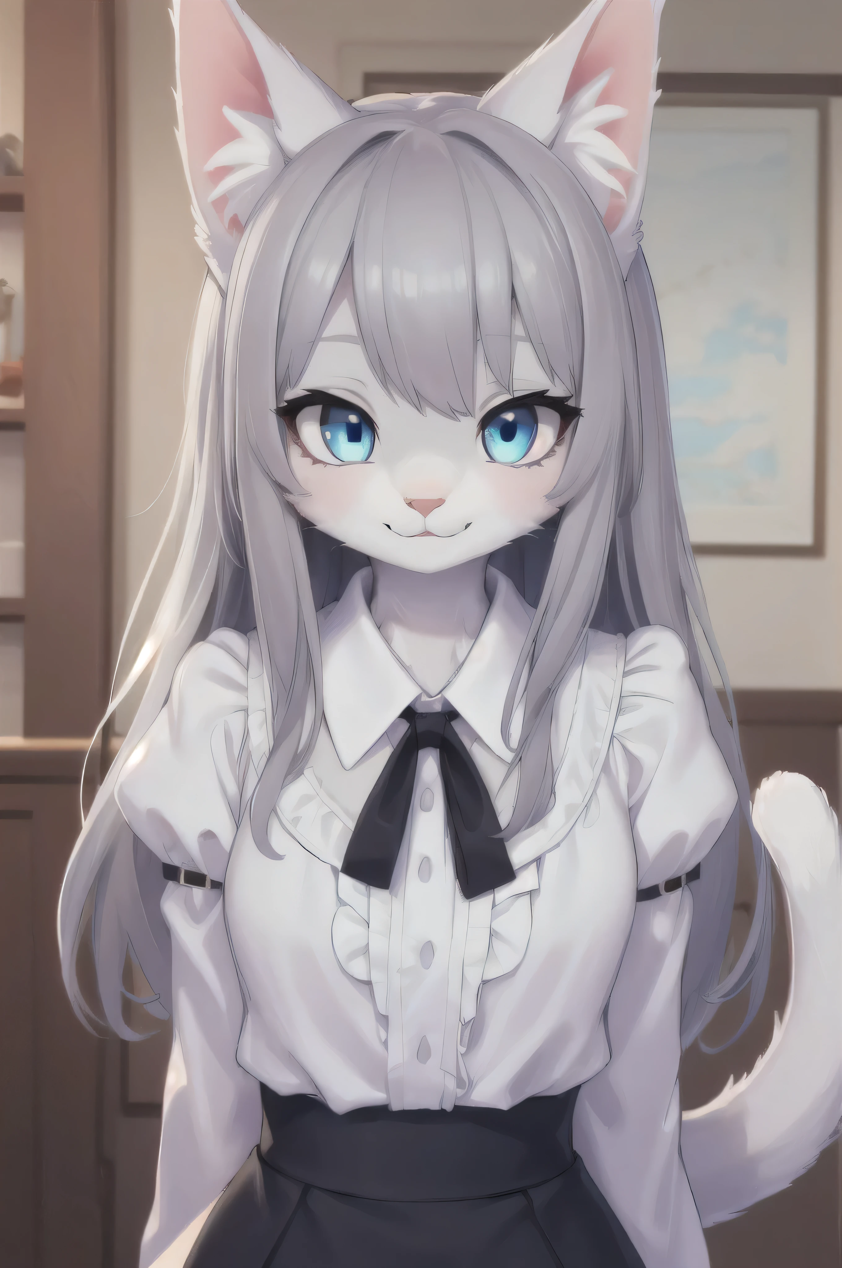 (Hey、Baker!)) , ((Better Quality)), figure, Furry,
Cat, Animal ears, Tail, May, 1 girl, throw, Dry, 1 girl, alone, Long Hair, Gray Hair, *//*, blue eyes, *//*, White shirt, Watching the audience, smile,