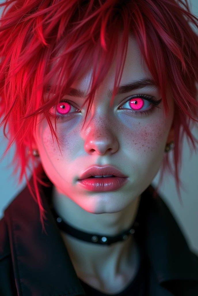 19 year old boy with white skin,
pale skin Messy hair
Blood red hair
Red hair
Pink eyes
Pink eyes
Punk eyes
Very pink and bright eyes
Focusing only on his face
Wearing black clothes