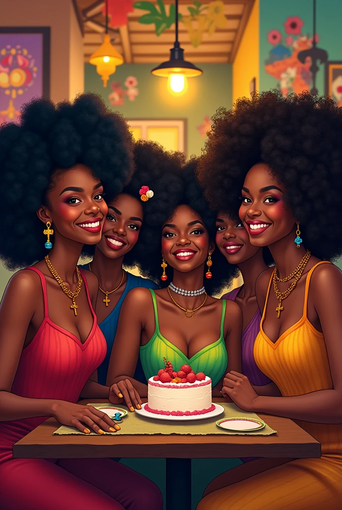créer une image de cinq copines voulant mettre en valeur leur beaux cheveux crépus, elles sont des afro haïtienne, avec des perles, charbonniers, boucles d'oreilles ankh, traditions folkloriques. Elles sont assises dans un restaurant très coloré en Haïti. avec sa amie Jesula, afro haïtienne, cheveux crépus avec un barrette coloré bien habillé, elles sont très joyeuses. Sachant que Atabey vodouisante et Jesula protestante. Titre du livre "Les cinq copines pour la vie". Elles fetent l anniversaire d Atabey