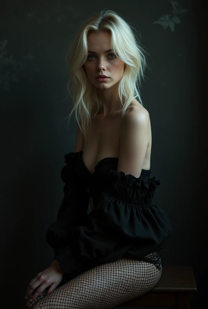 a blonde girl wearing fishnet stockings, erotic full body portrait, dark gothic aesthetic, dramatic lighting, detailed facial features, porcelain skin, sensual pose, dramatic shadows, moody atmosphere, high contrast, cinematic composition, editorial fashion photography style