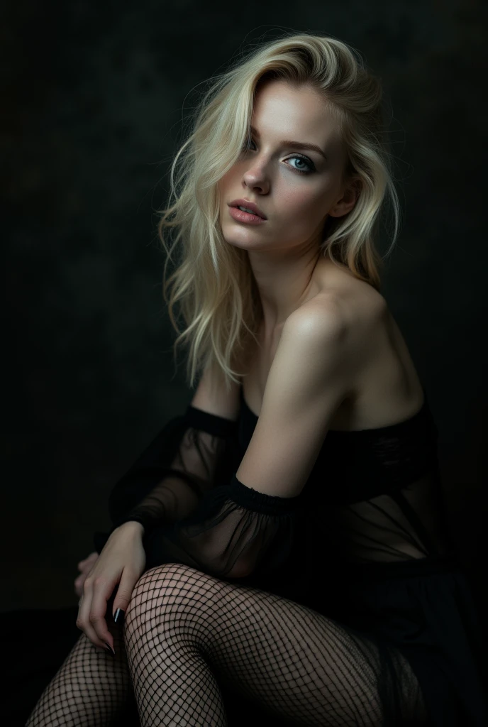 a blonde girl wearing fishnet stockings, erotic full body portrait, dark gothic aesthetic, dramatic lighting, detailed facial features, porcelain skin, sensual pose, dramatic shadows, moody atmosphere, high contrast, cinematic composition, editorial fashion photography style