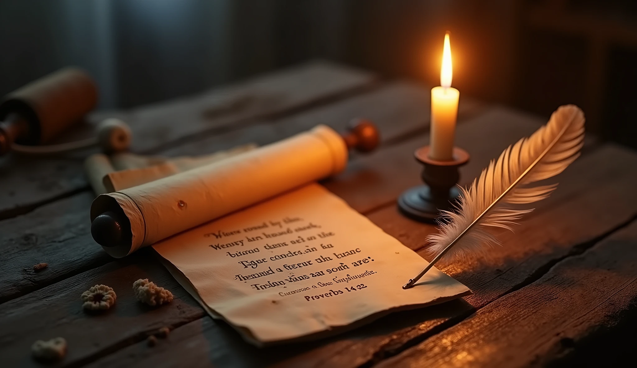 Create a hyper-realistic and mysterious image of a burning candle next to a stack of ancient scrolls, with one of them partially unrolled, showing quote from Proverbs 14:23. Next to the candle, an old feather is placed on a stand, suggesting that intellectual work also requires effort and diligence. The background should be softly blurred, with the candlelight illuminating the words and creating an atmosphere of focus and dedication. The scene should emphasize that both physical and mental work are fundamental to achieving true prosperity..