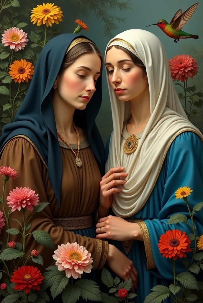 ((best quality)), ((masterpiece)), (detailed), virgin mary with (a jewish woman) with a hummingbird in a flower