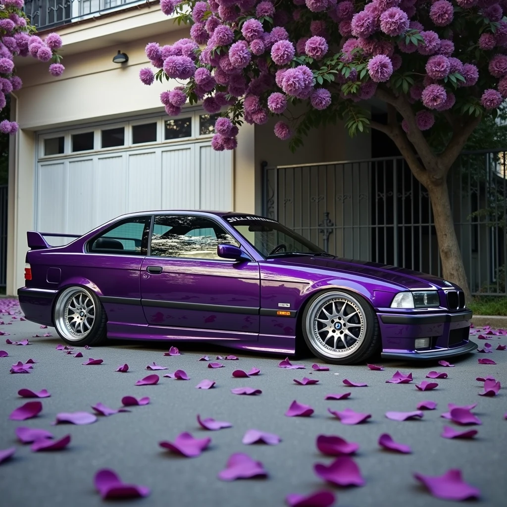 Create an image of a 1998 bmw e36 m3 coupe in purple, with square airfoil, with 1980 pontiac wheels in silver color, covered in purple rose petals