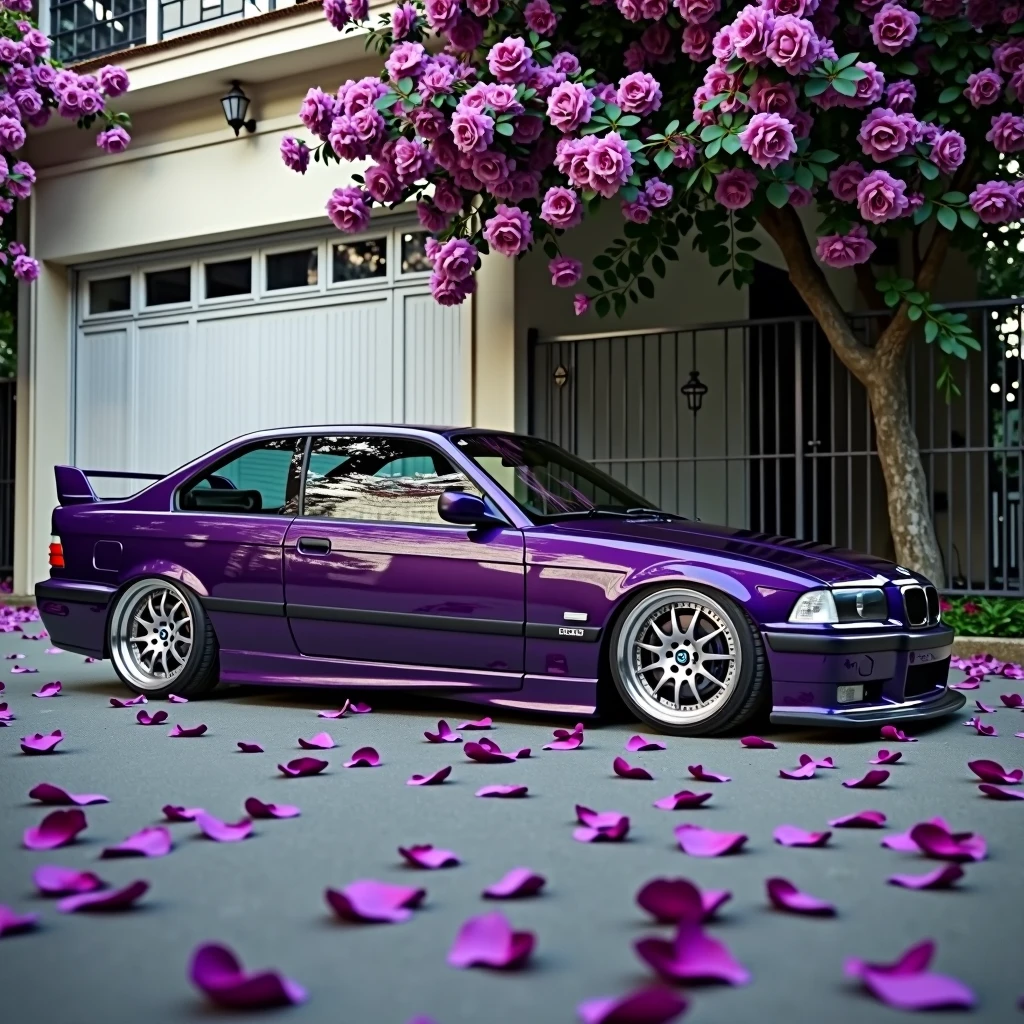 Create an image of a 1998 bmw e36 m3 coupe in purple, with square airfoil, with 1980 pontiac wheels in silver color, covered in purple rose petals