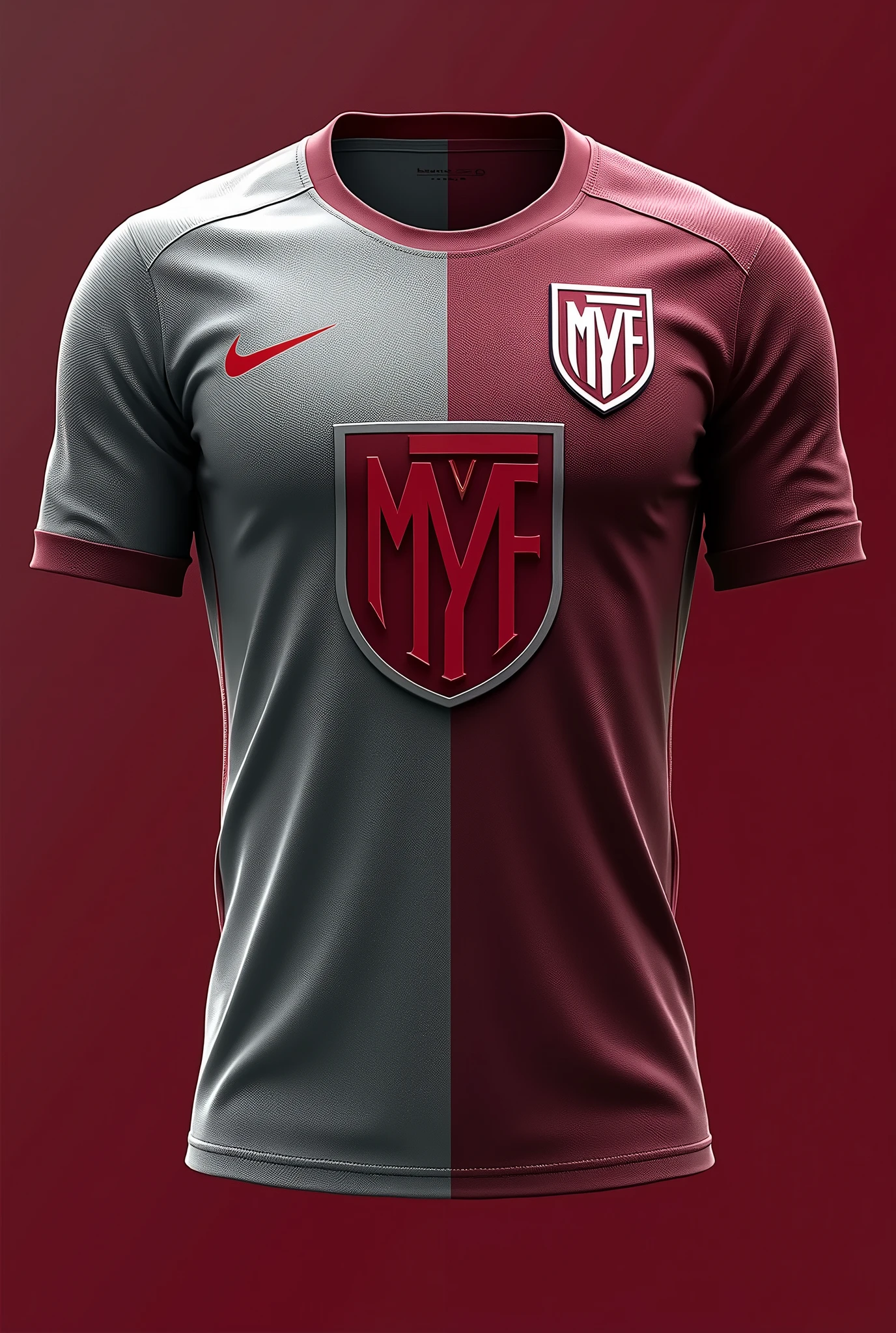Create a River Plate uniform with gray and wine colors with the shield written mvf in 3D for presentation