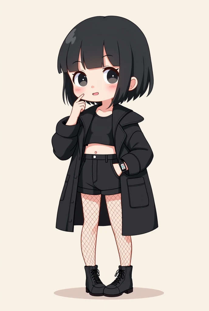 make a cute and minimalist cartoon illustration, of one with short black hair, short bangs, ela usa cropped preto, black apple watch on the arm, wears black coat, wears black shorts and fishnet stockings, make it cute