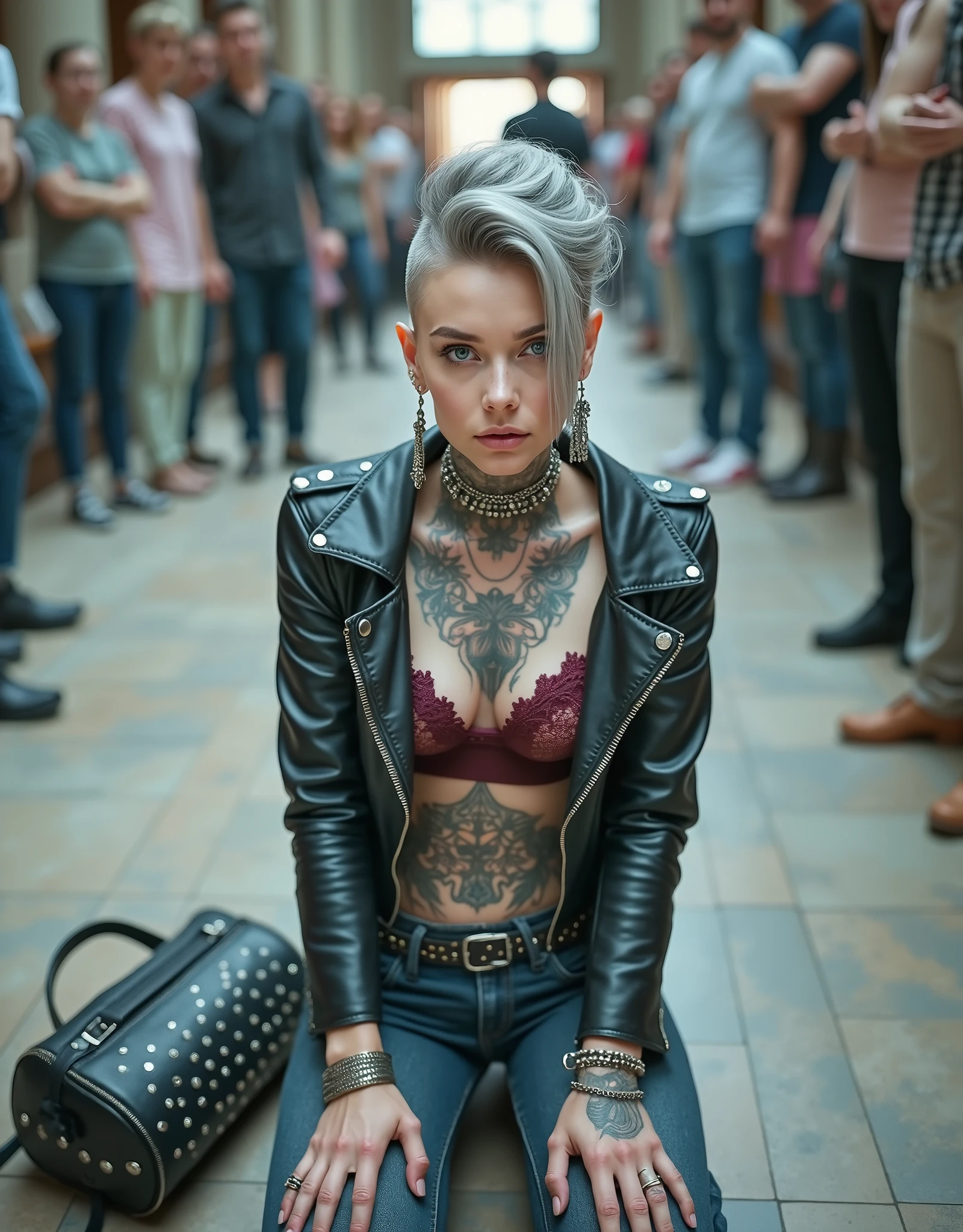 russian old  woman, grey hair (male high quiff with shaved sides) with very light blue eyes, extremely pale. Wearing  cropped black moto jacket (with side zippers and pins), undersized burgundy and white lace push up bra with white seams , dark skinny stone washed blue jeans (with white seams) and pointy silver Chelsea boots with cuban heels . Lots of metallic bracelets and collars. Tacky wide studded leather belt (with oversized skull and bones huge buckle). Long bohemian earrings. Kneeling like in a payer, looking at the camera, humbial expression. Hands on her knees, showing off bracelets and rings. studded black leather tote bag with chains on the floor, next to her..  Listening in amazement to somebody speaking to her with tilted head, well toned abdominals, thin neck, slim legs and thin arms. Tattoed heavily.  In a church: a lot of people around outraged. next to her, all her belongings on the floor. 
