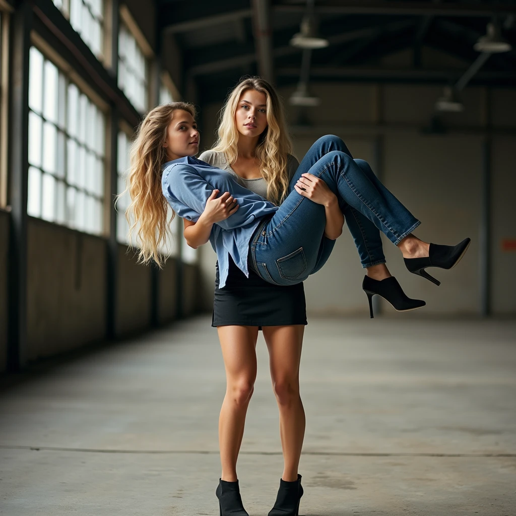 A photograph capturing a teenage strong woman holding a man in her arms, as if effortlessly carrying him like a child. The woman has long blonde hair and is dressed in a black skirt and high heels, exuding confidence. The man, wearing jeans and a blue shirt, is relaxed in her grasp, his arms draped over hers. The setting is an industrial warehouse with large windows and metal beams, with soft, natural light filtering through, casting subtle shadows on the concrete floor.