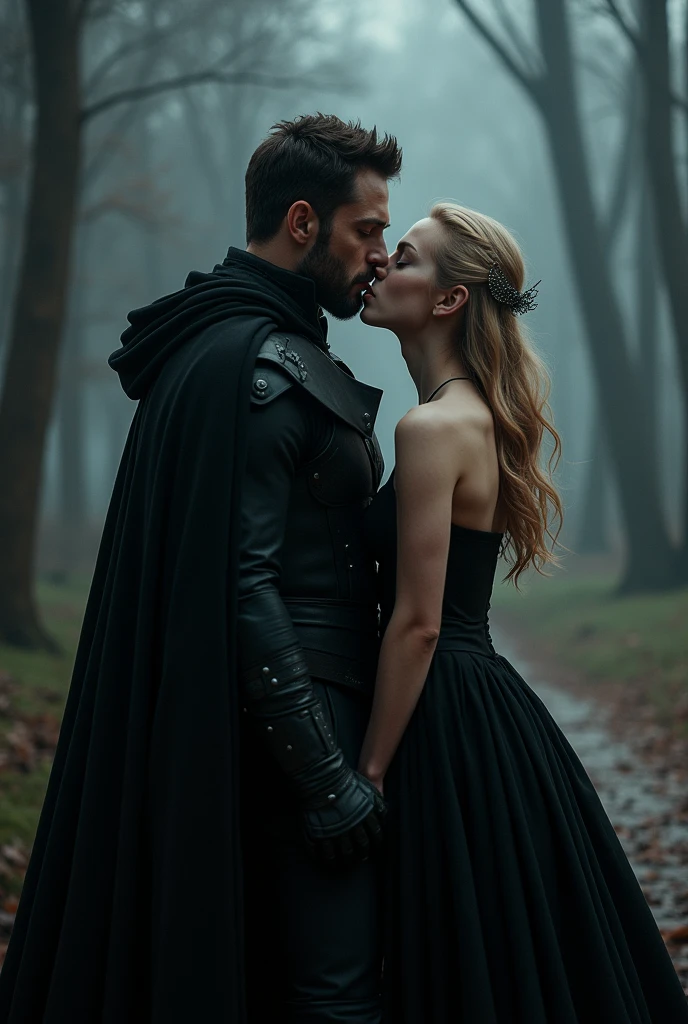 Homem stark estilo Crepúsculo, 3, stark, tall muscular, wearing a black cape, a Jhon snow style outfit, kissing an 18 year old girl, blonde, piercing look, dressed in a black dress Vintage style 