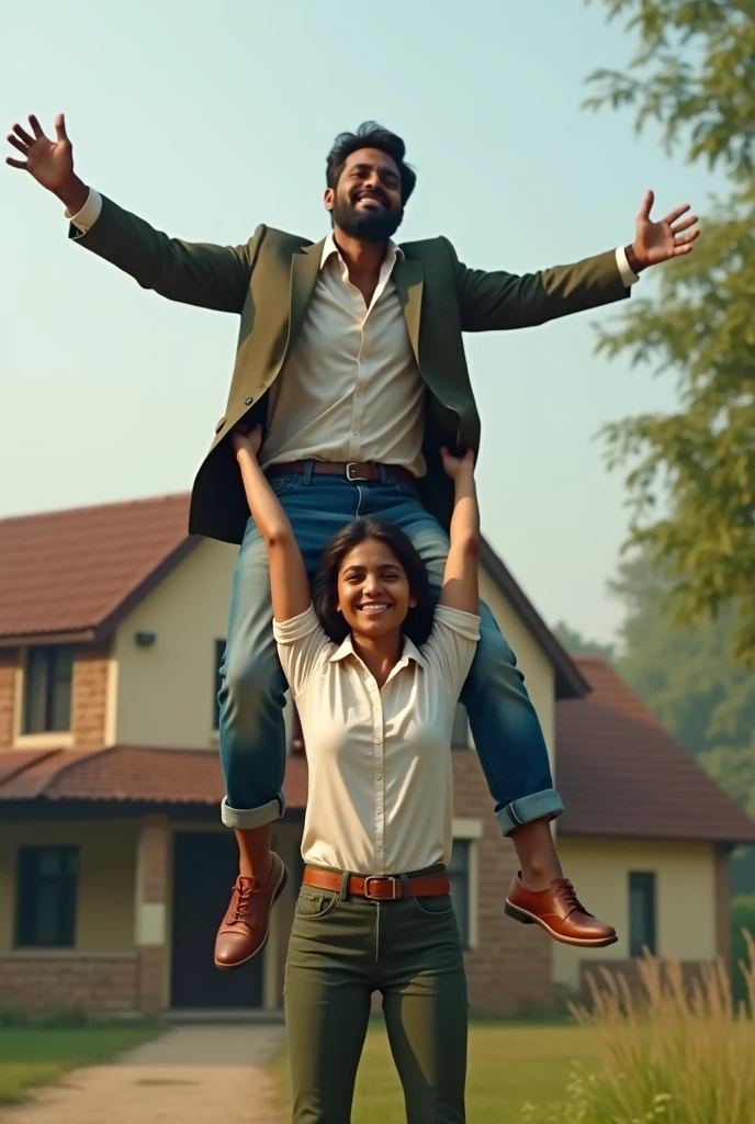Beautiful Indian teenage college girl in uniform lifting a large chubby man high above her head with her strong arms. Photorealistic. Wide angle. Farmhouse in the background, natural smile , modern city girl