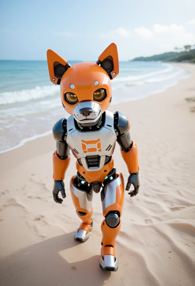 Robot dog with big metal penis on a deserted beach