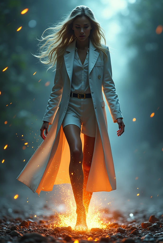 Make a three-version image of Dr.. Jennifer Marie Evans transforming into the Quantum Savage and going from having the impeccable characteristic outfit to tearing and tearing her boots until she is barefoot