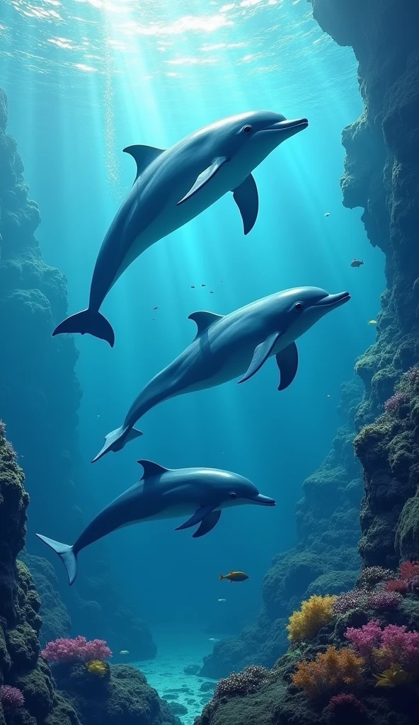 3 dolphins　Ocean　nature　Swimming　Underwater bubble　綺麗なOcean　mysterious