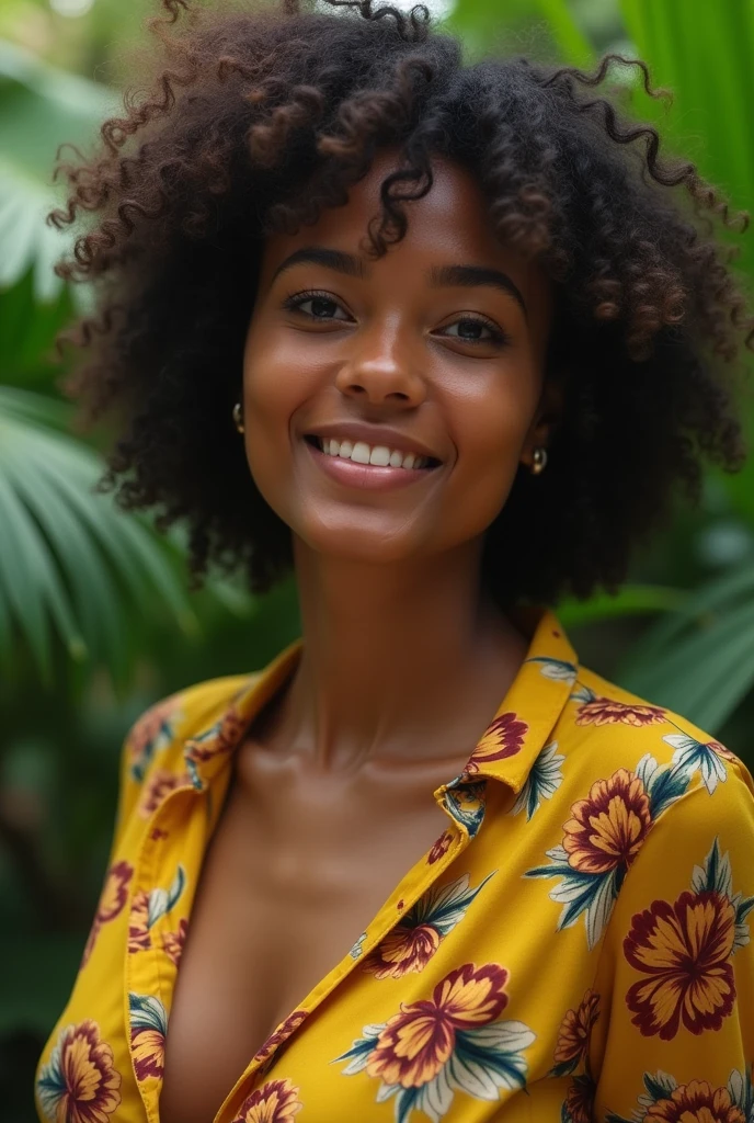 A Brazilian woman in a lush tropical garden, wearing an open shirt with a floral print, with a close-up capturing the harmonious beauty between her breasts and the natural flowers, showing off your natural charm and outgoing personality.