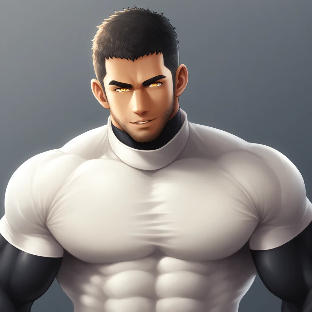 anime characters:Gyee Chris Redfield, Muscle Sports Student, negro black skin, 1 dark skin muscular tough guy, Manliness, male focus, Light yellow high collar long sleeve tight T-shirt, Slightly transparent material, Very tight, Round, full and perky chest muscles, Slightly transparent, muscular male, muscular, only, Upper body, alone, Black short hair, Thick eyebrows, stubble, Yellow eyes, Grey background, simple background, amazing quality, best aesthetics, Ridiculous, bright pupils, crew cut, parted lips, seductive smile, torogao, naughty face, drop shadow, best quality