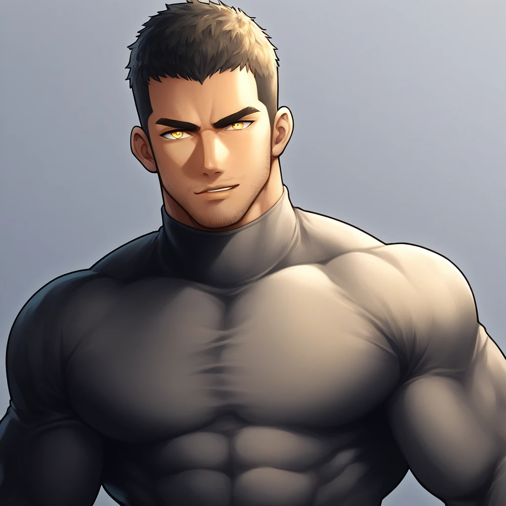 anime characters:Gyee Chris Redfield, Muscle Sports Student, negro black skin, 1 dark skin muscular tough guy, Manliness, male focus, Light yellow high collar long sleeve tight T-shirt, Slightly transparent material, Very tight, Round, full and perky chest muscles, Slightly transparent, muscular male, muscular, only, Upper body, alone, Black short hair, Thick eyebrows, stubble, Yellow eyes, Grey background, simple background, amazing quality, best aesthetics, Ridiculous, bright pupils, crew cut, parted lips, seductive smile, torogao, naughty face, drop shadow, best quality