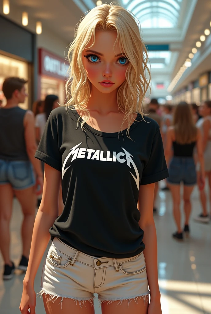 Jeune femme blonde, cheveux mouillés. yeux bleus. (((Tout le corps))) vêtements : t-shirt noir avec écrit" Metallica", mini jupe blanche. arrière-plans :magasin de shopping girly rempli de monde .posture : mord le haut de son t-shirt, pose sexy(((gros seins))) en relief sur le t-shirt.