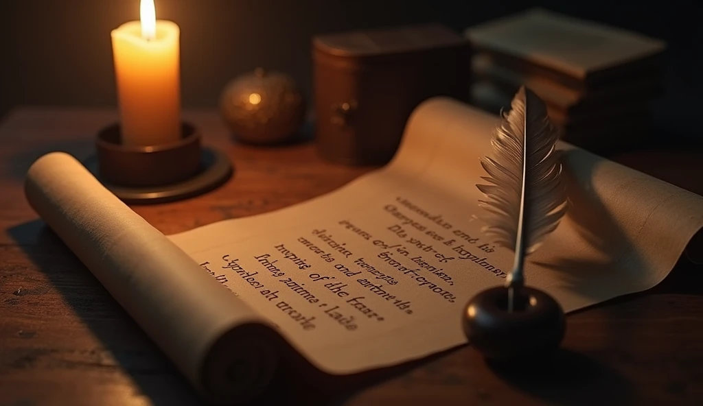 Create a hyper-realistic and mysterious image of a burning candle next to a stack of ancient scrolls, with one of them partially unrolled, showing quote from Proverbs 14:23. Next to the candle, an old feather is placed on a stand, suggesting that intellectual work also requires effort and diligence. The background should be softly blurred, with the candlelight illuminating the words and creating an atmosphere of focus and dedication. The scene should emphasize that both physical and mental work are fundamental to achieving true prosperity..