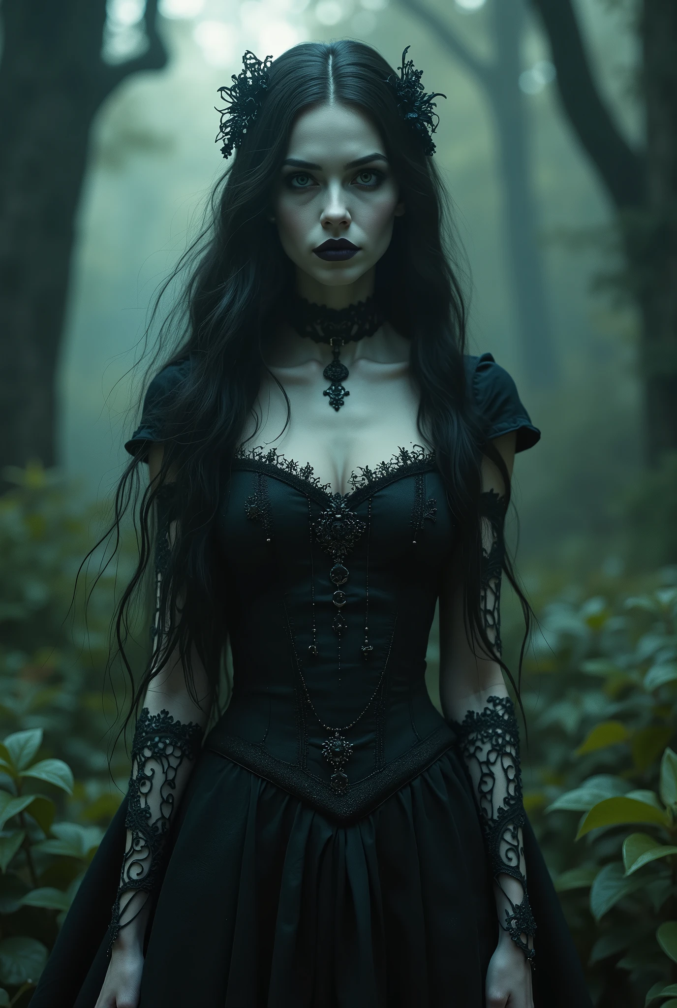 a beautiful vampyre girl with long dark hair, pale skin, fangs, wearing a dark victorian dress, standing in a moonlit forest, (best quality,4k,8k,highres,masterpiece:1.2),ultra-detailed,(realistic,photorealistic,photo-realistic:1.37),dark fantasy,gothic,dramatic lighting,moody atmosphere,detailed facial features,intricate dress patterns,lush foliage,moonlight shining through trees,deep shadows