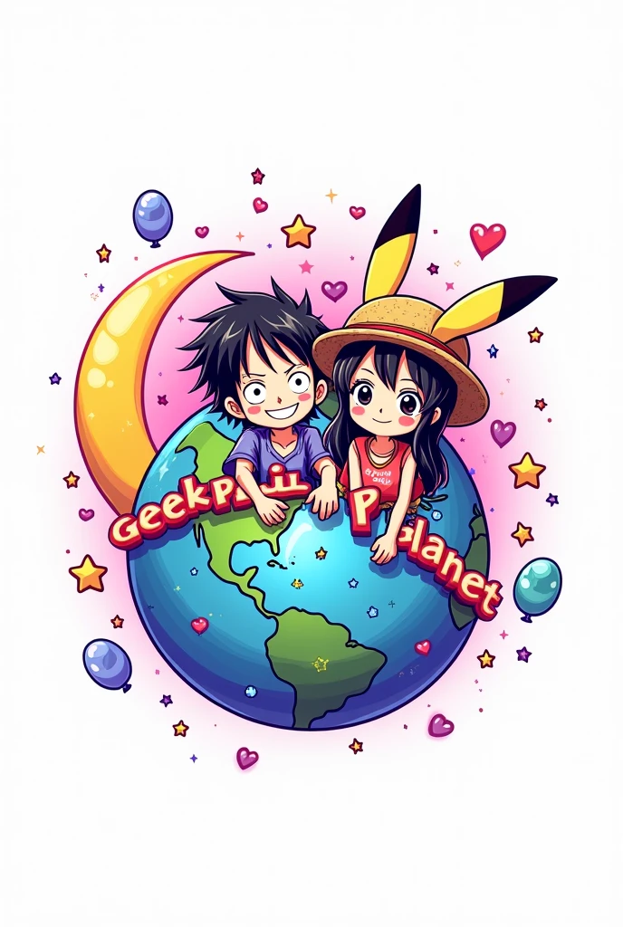logo con un 🌎 en la parte de hasta atrás combinado con el símbolo de estrella corazón y la luna creciente en color rosa con morado en la parte superior izquierda, two anime figures a boy with wavy hair and a girl with straight black hair, T-shirt and Pikachu ears and with Luffy&#39;s hat from One Piece and with the name Geek Planet in the middle (with vivid colors the whole image) with white background